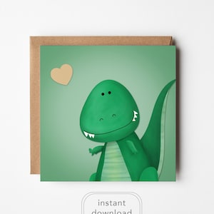 Printable Dinosaur love heart greeting Card, Digital Valentine, T-rex love card, dinosaur theme, green lizard, blue card, unique valentine