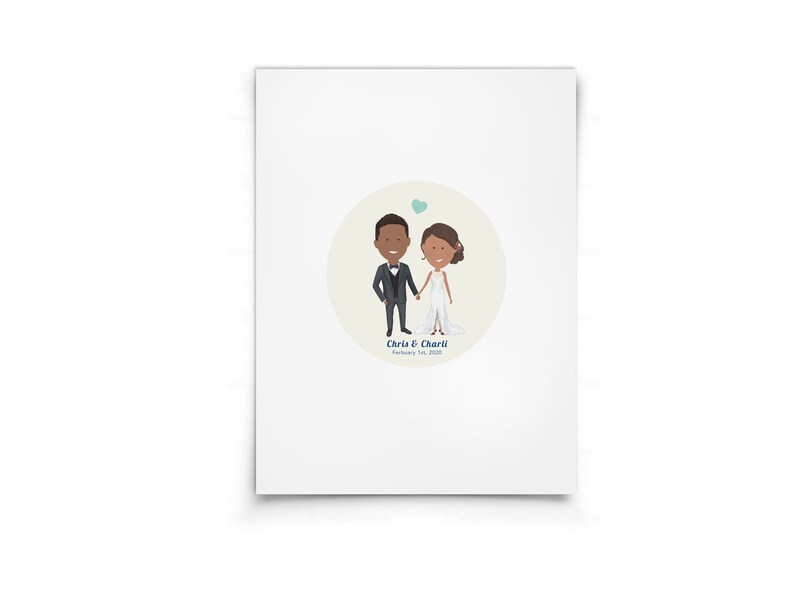 May include: A wedding illustration of a couple in a circle with a light blue heart above them. The groom is wearing a black suit and the bride is wearing a white dress. The text below the couple reads "Chris & Charli" and "February 1st, 2020".
