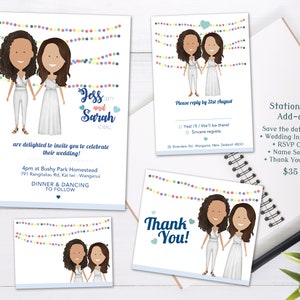 Complemento de conjunto de bodas: invitación de boda, tarjeta RSVP, tarjetas de lugar y tarjetas de agradecimiento con la ilustración personalizada de la nueva pareja