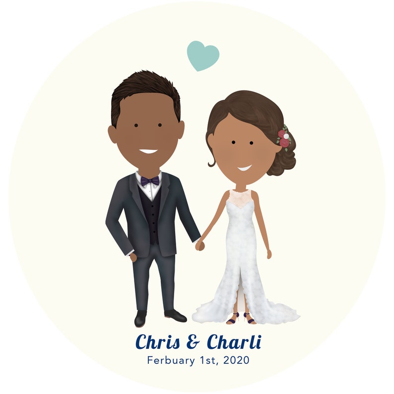 May include: A digital illustration of a wedding couple. The groom is wearing a dark suit with a bow tie. The bride is wearing a white wedding dress. The couple is holding hands and smiling. The text "Chris & Charli" and "Ferbuary 1st, 2020" is below the couple.