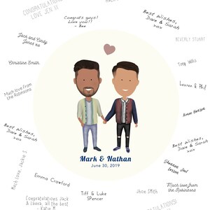 May include: A wedding card with a cartoon illustration of two men holding hands. The card is decorated with hearts and flowers. The text on the card reads "Mark & Nathan June 30, 2019".