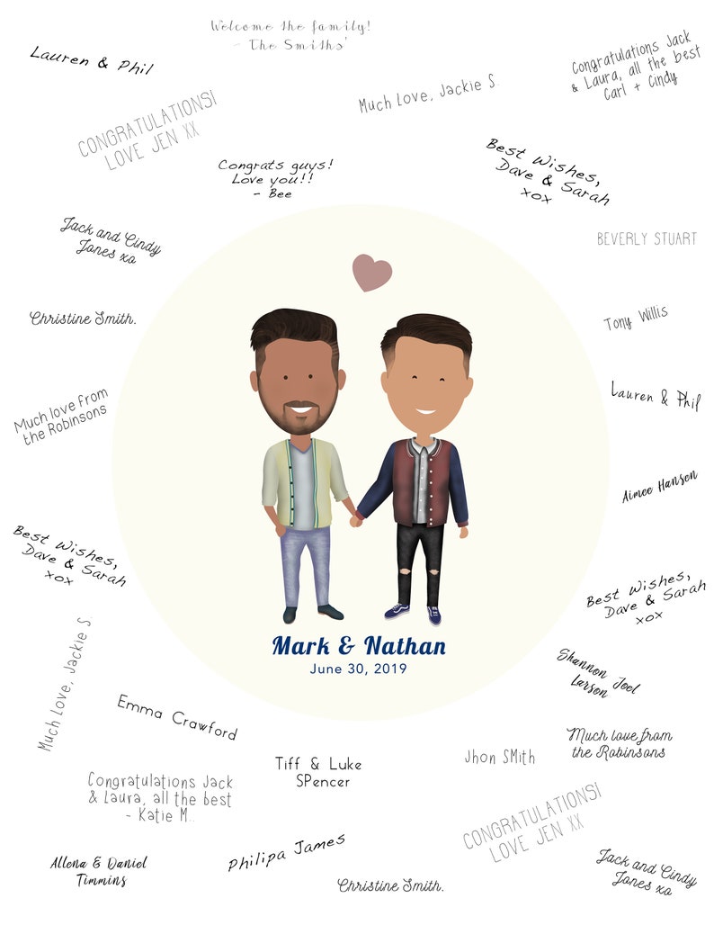 May include: A wedding card with a cartoon illustration of two men holding hands. The card is decorated with hearts and flowers. The text on the card reads "Mark & Nathan June 30, 2019".