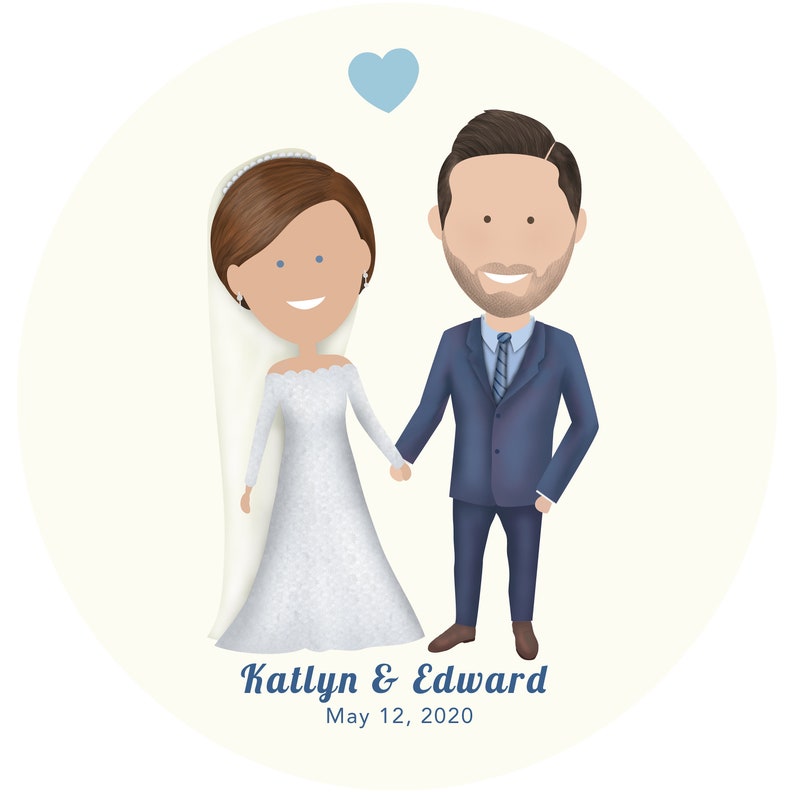 May include: A wedding illustration of a bride and groom holding hands. The bride is wearing a white dress and a veil. The groom is wearing a blue suit and a blue tie. The illustration is set against a light yellow background with a blue heart above the couple. The text "Katlyn & Edward" and "May 12, 2020" is below the couple.