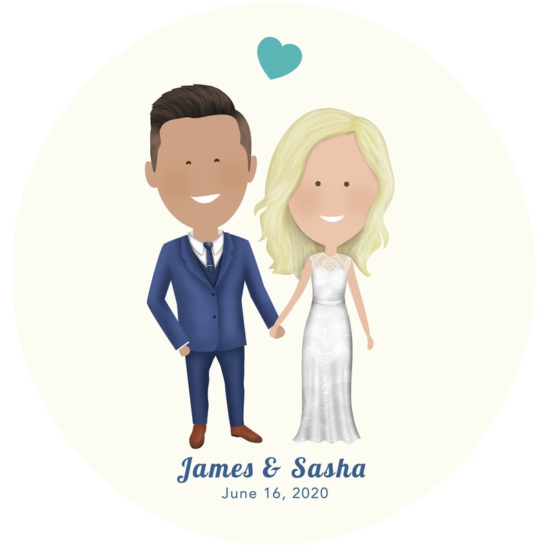 May include: A cartoon illustration of a bride and groom holding hands. The bride is wearing a white dress and the groom is wearing a blue suit. The text "James & Sasha June 16, 2020" is below the couple.