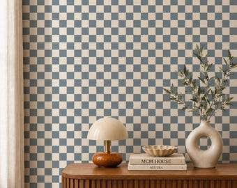 Dusty Blue Checkerboard Peel and Stick Wallpaper – Coastal Scandi Geometric Pattern