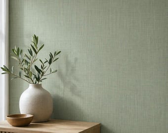 Papier peint imitation lin vert sauge - Texture unie neutre Japandi pour chambre d'enfant calme, chambre à coucher côtière, murs minimalistes modernes