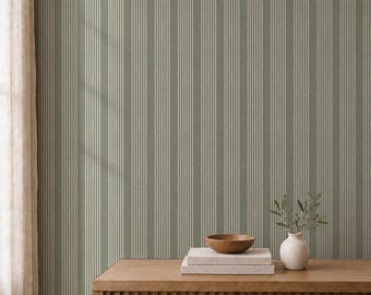 Olive Green Multi Stripe Peel and Stick Wallpaper – English Country Faux Linen