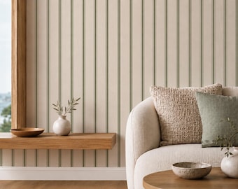 Carta da parati adesiva a righe verde oliva – Look in stile cottage costiero con lino, ideale per camere da letto e camerette in stile rustico.