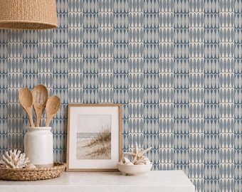 Small Scale Soft Blue Sardine Wallpaper – Coastal Block Print Fish Stripe Peel and Stick for Beach House Bathrooms