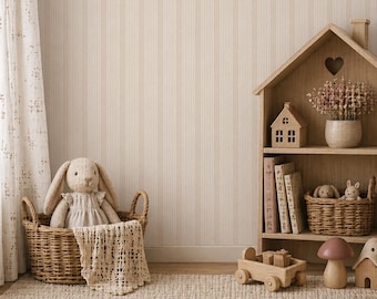 Traditional Country Stripe Peel and Stick Wallpaper - Muted Beige and White Faux Linen for Japandi Farmhouse Nurseries