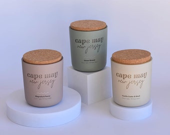 Cape May, NJ Candle Collection / Soy Candles / Cork Lid / Clean Burning Fragrance / Engraved / Pastel Matte Glass Vessel