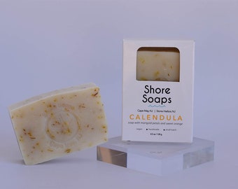 CALENDULA Soap // Made with Essential Oils // Marigold Sweet Orange Vanilla // Anti-Inflammatory // Exfoliating Botanicals // Gifts Under 10
