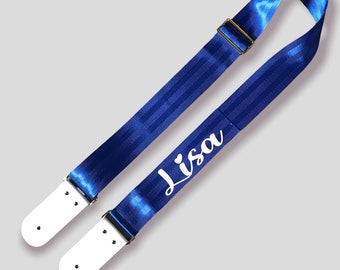 Personalized Guitar Strap: Navy Blue Seat Belt with Leather Ends