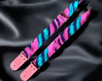 Pink Blue Tiger Guitar Strap: Handmade Leather Electric, Acoustic, Bass Guitar