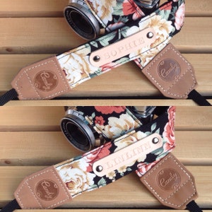 DSLR camera strap,Black Orange flower Camera Strap, Presonalized leather camera Strap Gift for her image 2