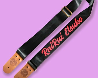 Personalized Guitar Strap: Black Seat Belt Webbing with Leather Ends