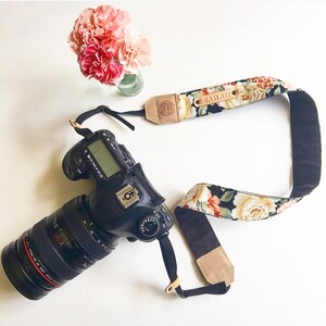 DSLR camera strap,Black Orange flower Camera Strap, Presonalized leather camera Strap Gift for her image 4