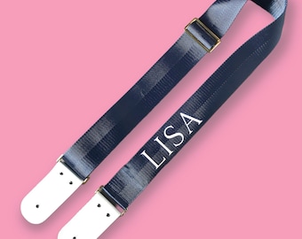 Personalized Navy Guitar Strap: Seat Belt Webbing, Leather Ends