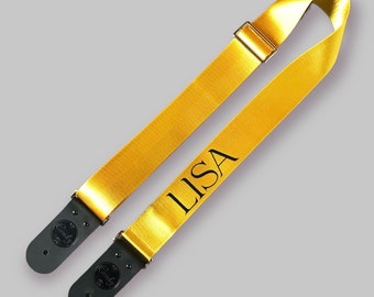 Personalized Gold Guitar Strap: Seat Belt Fabric, Leather Ends