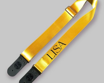 Personalized Guitar Strap, Seat Belt Guitar Strap With Genuine leather ends,   Gold color