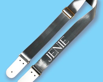 Personalized Guitar Strap, Seat Belt Guitar Strap With Genuine leather ends,  Silver color