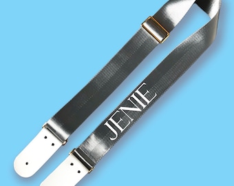 Personalized Guitar Strap: Silver Seat Belt Webbing with Leather Ends