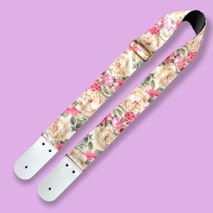 Yellow Pink  Flora Guitar Strap, Genuine leather Guitar Strap
