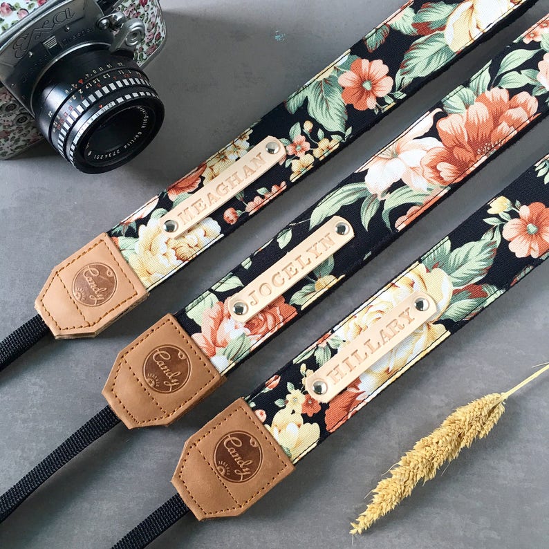 DSLR camera strap,Black Orange flower Camera Strap, Presonalized leather camera Strap Gift for her image 8