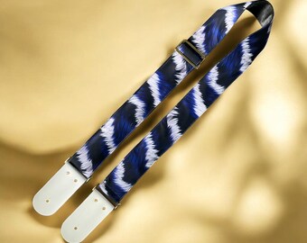 Navy White Tiger Guitar Strap: Handmade Leather, Electric Acoustic Bass