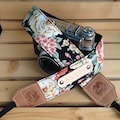 DSLR camera strap,Black Orange flower Camera Strap, Presonalized leather camera Strap Gift for her product logo