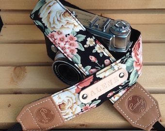 DSLR camera strap,Black Orange flower Camera Strap, Presonalized leather camera Strap Gift for her