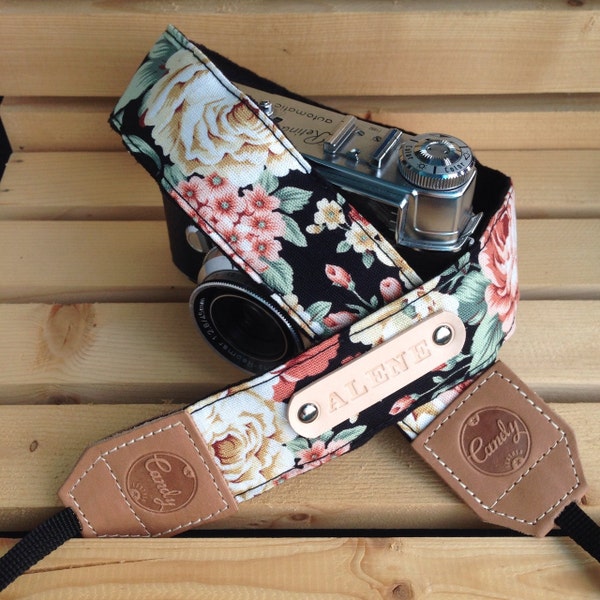 DSLR camera strap,Black Orange flower Camera Strap, Presonalized leather camera Strap Gift for her