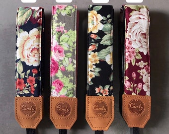 DSLR camera strap,Yellow Pink flower Camera Strap, leather camera Strap Gift for her