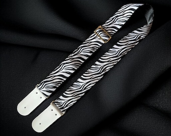 White Tiger Print Guitar Strap: Handmade Leather Strap with Pocket