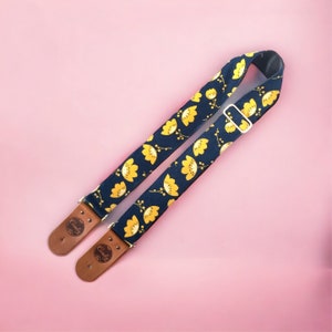 Navy Yellow Flora Guitar Strap, Genuine leather Guitar Strap