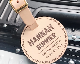 Personalized Vegtan Leather Luggage Tag: Engraved Circle Travel Gift