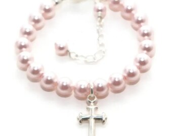Pearl Bracelet for Baby Girl, Christening Baptism Bracelet, Toddler Girl Baptism Gift, Little Girl Jewelry, Simple Cross Bracelet