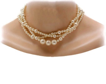 Pearl Necklace Multistrand, Pearl Bride Jewelry, Chunky Necklace, Three Strand Bridal Necklace, Bold Necklaces for Women, Wedding Necklace