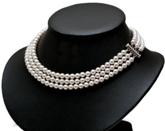Multiple Strand Pearl Necklace, Bridal Jewelry Wedding, Statement Necklace Three Strand, Pearl Jewelry for Bride, Chunky Pearl Necklace