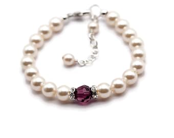 Flower Girl Bracelet, Pearl Wedding Jewelry, Girls Birthstone Bracelet, Flowergirl Gift