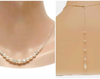 Bridal Backdrop Necklace - Pearl Back Drop Necklace - Pearl Backdrop Necklace - Silver Back Necklace - Bridal Necklace - Wedding Necklace