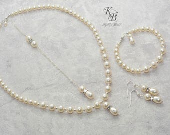 Bridal Jewelry Set Pearl Wedding Jewelry Sets Sterling Silver Pearl Jewelry Set for Bride Jewelry Set with Pearls Necklace and Bracelet Set