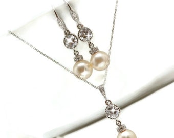 Simple Bridal Jewelry SET Wedding Jewelry SET Bridal Rhinestone Necklace and Earring Set Elegant Jewelry Pearl Jewelry Set Sterling Silver
