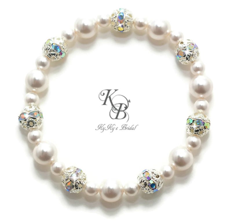 Pearl Bridal Bracelet Pearl Bridesmaid Bracelet FREE Gift Box Pearl Wedding Jewelry Pearl and Rhinestone Bracelet Bridal Jewellery image 3