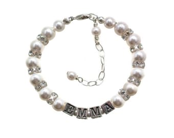 Flower Girl Jewelry Personalized Bracelet Pearl Flower Girl Gift Junior Bridesmaid Thank You Gift Personalized Little Girl Name Bracelet