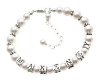 Flower Girl Bracelet with Name, Toddler Flower Girl Gift, Bridal Party Jewelry, Junior Bridesmaid Gift, Custom Wedding Jewelry Flowergirl