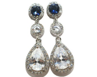 Sapphire Earrings, CZ Earrings, Cubic Zirconia Earrings, Kate Middleton Jewelry, Teardrop Earrings, Long Dangle Earrings, Bridal Jewelry