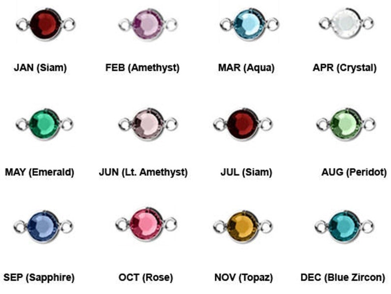 May include: A collection of twelve gemstone charms in various colors, each with a silver-tone loop on either side. Each charm is labeled with a month and gemstone name, including Siam, Amethyst, Aqua, Crystal, Emerald, Lt. Amethyst, Peridot, Sapphire, Rose, Topaz, and Blue Zircon.