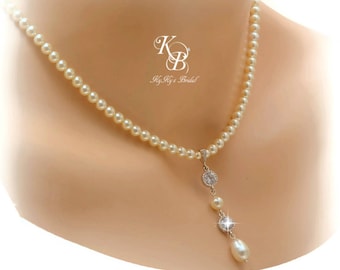 Pearl Bridal Necklace, Bridal Pearl Necklace, Pearl Wedding Necklace, Pearl and Crystal Necklace for Bride, Elegant Wedding Jewelry