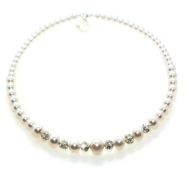 Simple Bridal Necklace, Rhinestone Pearl Necklace, Wedding Jewelry for Brides, Prom Jewelry, Pearl Bridal Necklace, Bridesmaid Jewelry